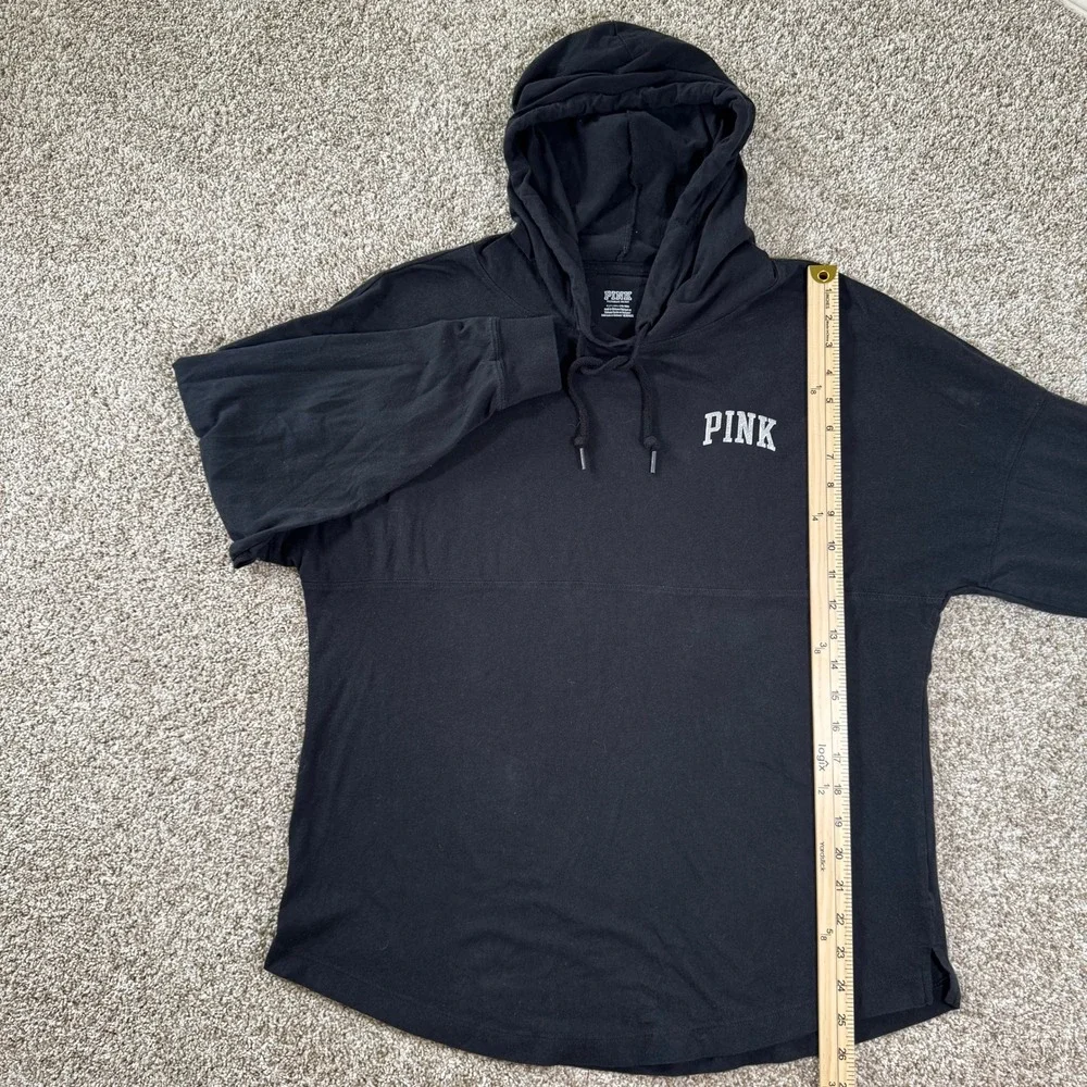 PINK Victoria's Secret Black Glitter Logo Hooded Long Sleeve Tee Shirt Womens S - Picture 5 of 14